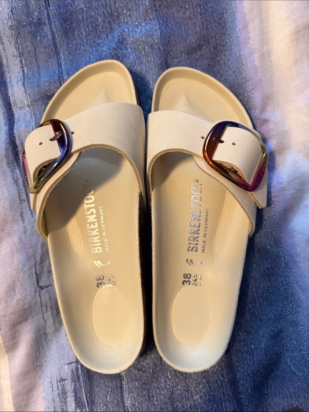Birkenstock Cream Madrid EVA Slides with Iridescent Buckles